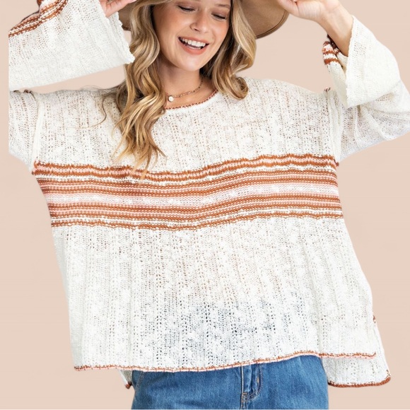 EASEL Cream Burgundy Striped Knit Pullover Sweater - Picture 3 of 7